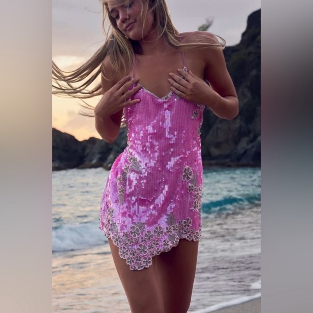 LoveShackFancy Pink Sequin Floral Mini Dress - Picture 7 of 15